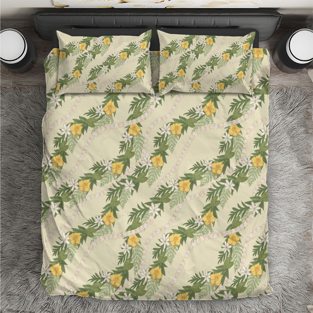 Hawaiian Pikake Maile Lei Bedding Set Tiare Hibiscus Kalo Palapalai Leaf Beige LT19 Beige - Polynesian Pride