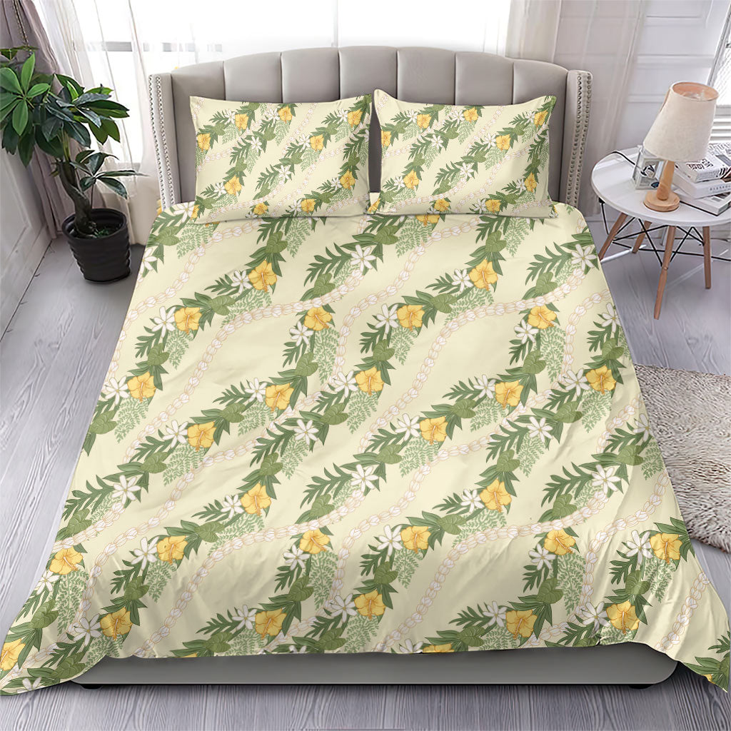 Hawaiian Pikake Maile Lei Bedding Set Tiare Hibiscus Kalo Palapalai Leaf Beige LT19 - Polynesian Pride