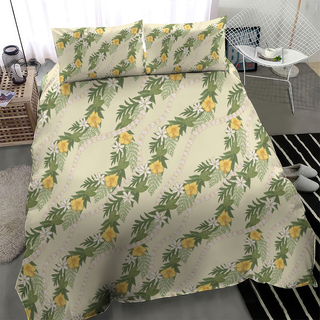 Hawaiian Pikake Maile Lei Bedding Set Tiare Hibiscus Kalo Palapalai Leaf Beige LT19 - Polynesian Pride