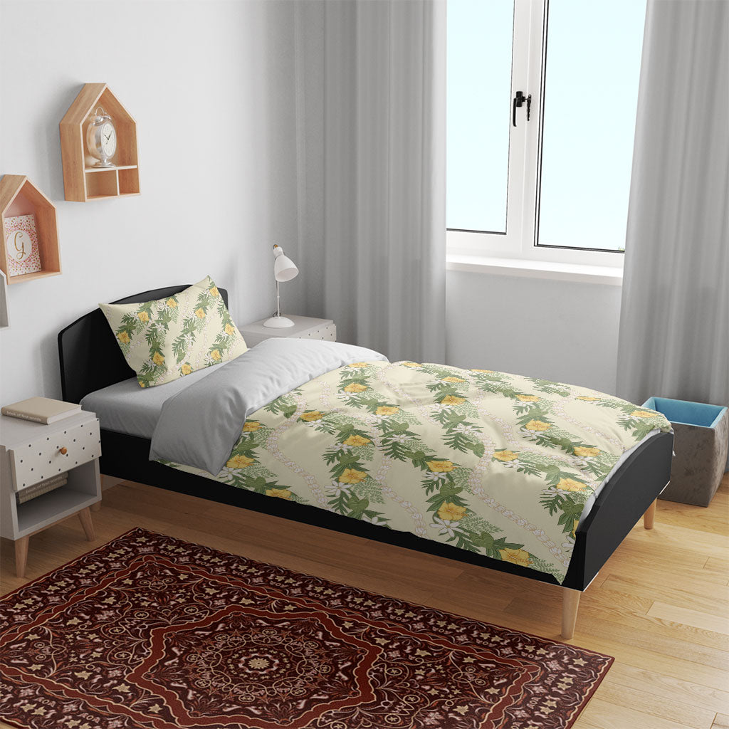 Hawaiian Pikake Maile Lei Bedding Set Tiare Hibiscus Kalo Palapalai Leaf Beige LT19 - Polynesian Pride