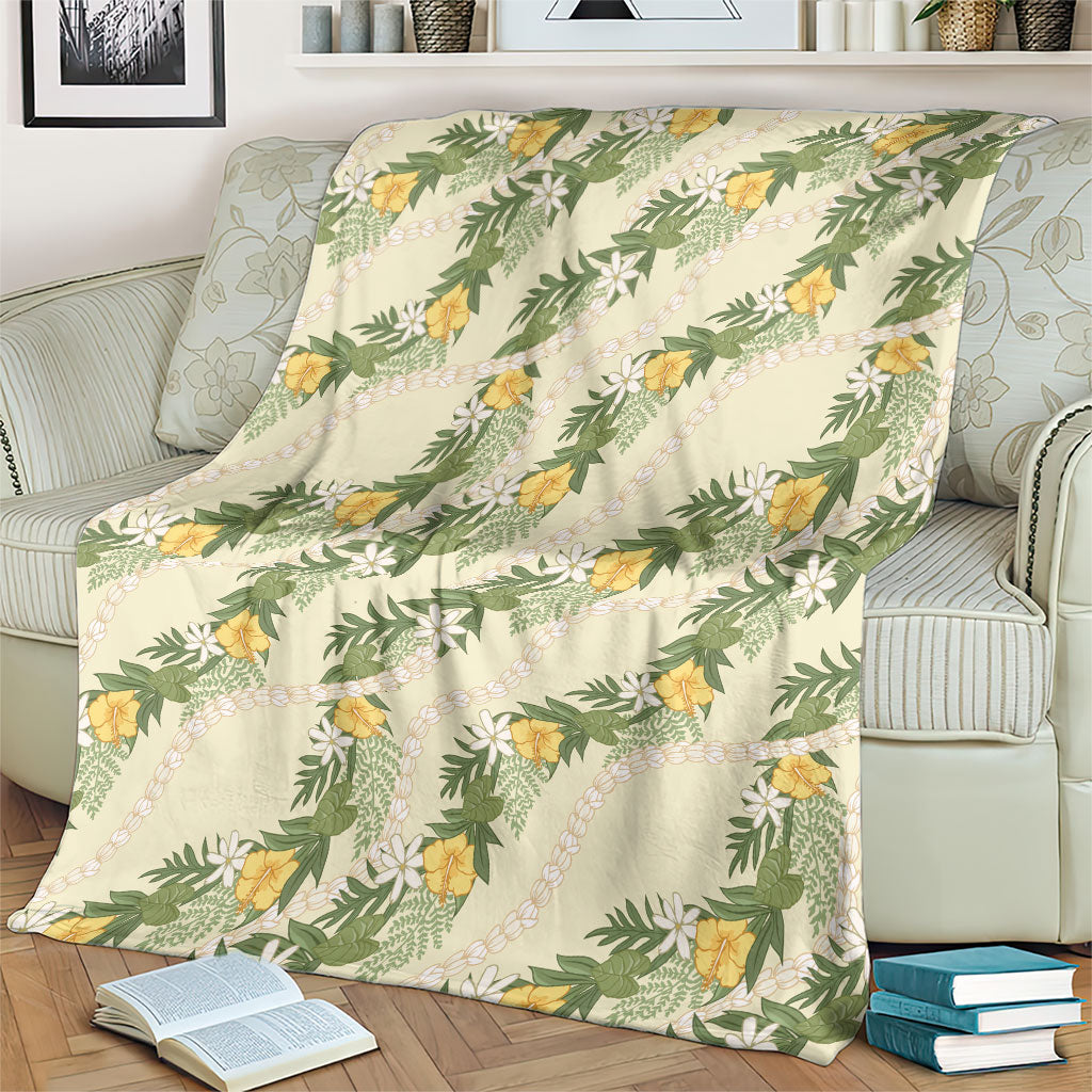 Hawaiian Pikake Maile Lei Blanket Tiare Hibiscus Kalo Palapalai Leaf Beige LT19 - Polynesian Pride