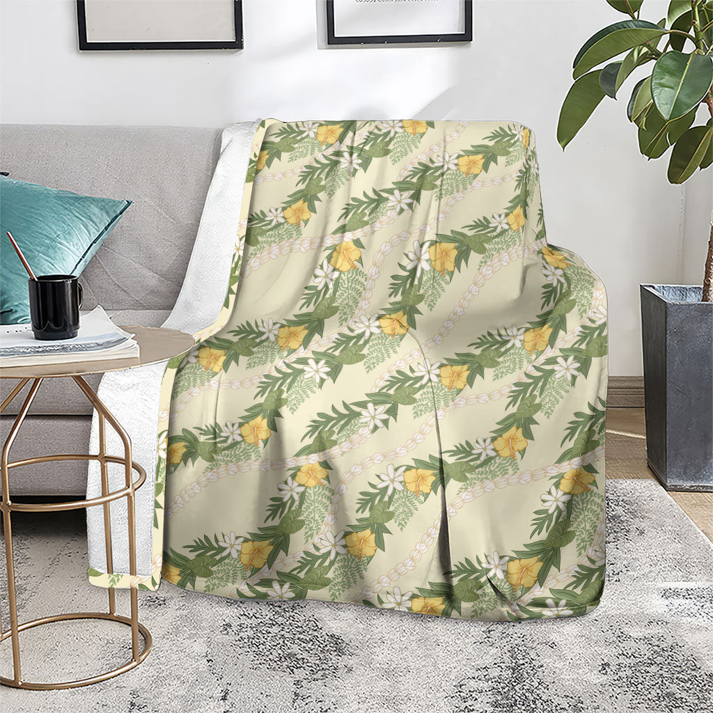 Hawaiian Pikake Maile Lei Blanket Tiare Hibiscus Kalo Palapalai Leaf Beige LT19 - Polynesian Pride