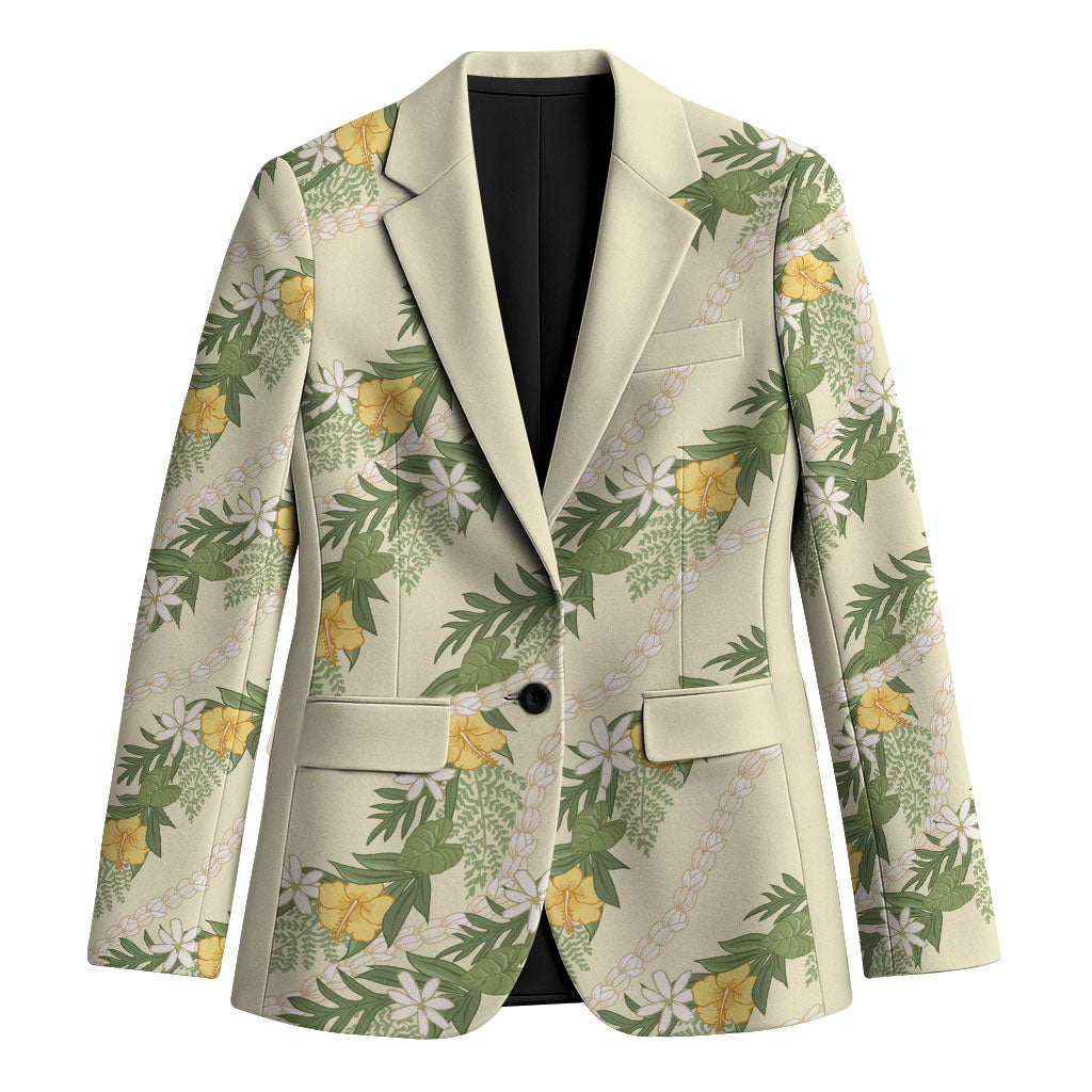 Hawaiian Pikake Maile Lei Blazer Tiare Hibiscus Kalo Palapalai Leaf Beige LT19 Unisex Beige - Polynesian Pride