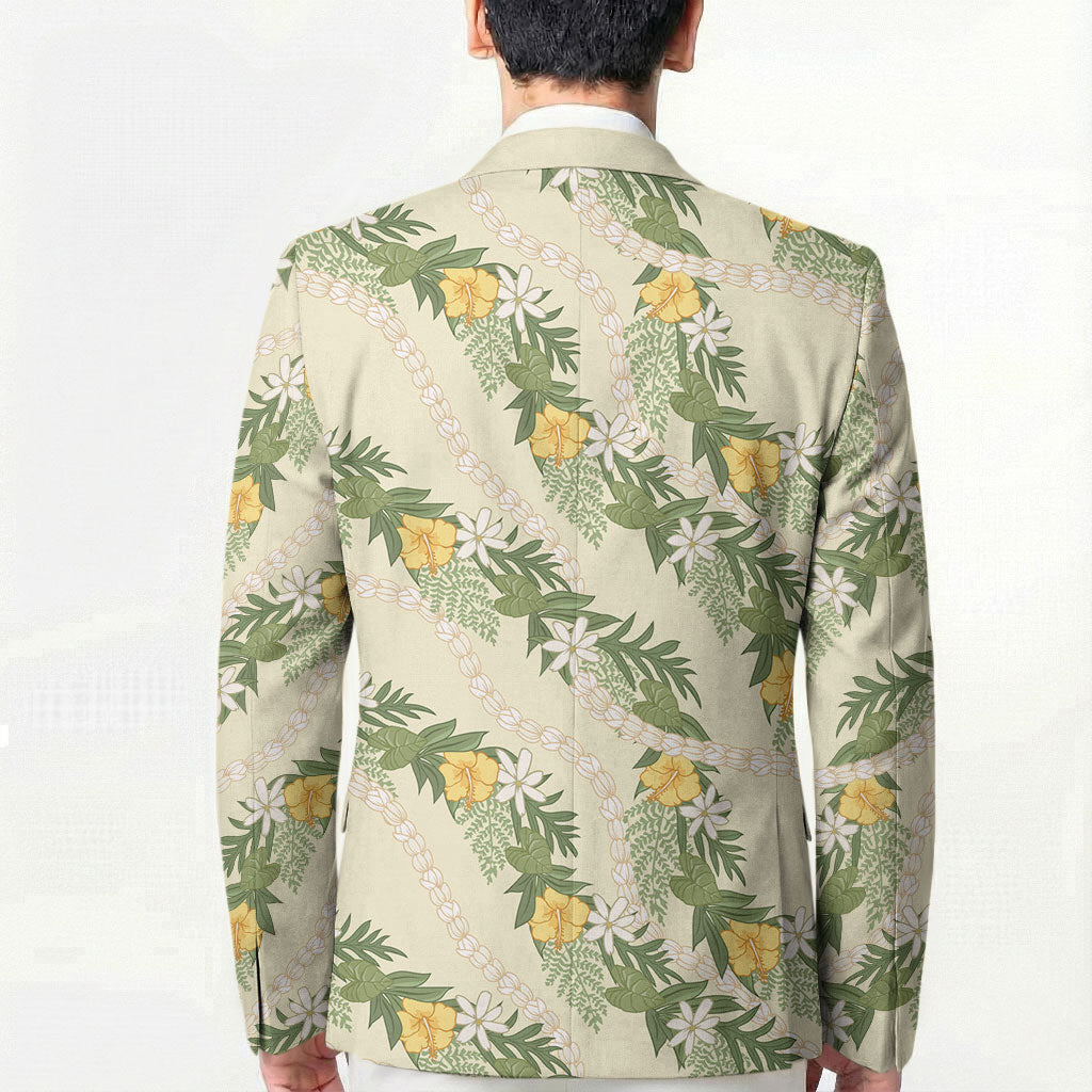 Hawaiian Pikake Maile Lei Blazer Tiare Hibiscus Kalo Palapalai Leaf Beige LT19 - Polynesian Pride