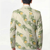 Hawaiian Pikake Maile Lei Blazer Tiare Hibiscus Kalo Palapalai Leaf Beige LT19 - Polynesian Pride