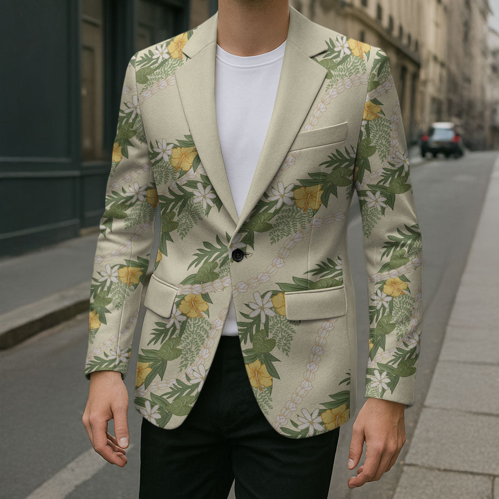 Hawaiian Pikake Maile Lei Blazer Tiare Hibiscus Kalo Palapalai Leaf Beige LT19 - Polynesian Pride