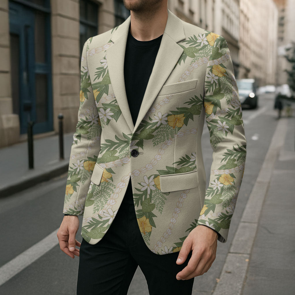 Hawaiian Pikake Maile Lei Blazer Tiare Hibiscus Kalo Palapalai Leaf Beige LT19 - Polynesian Pride