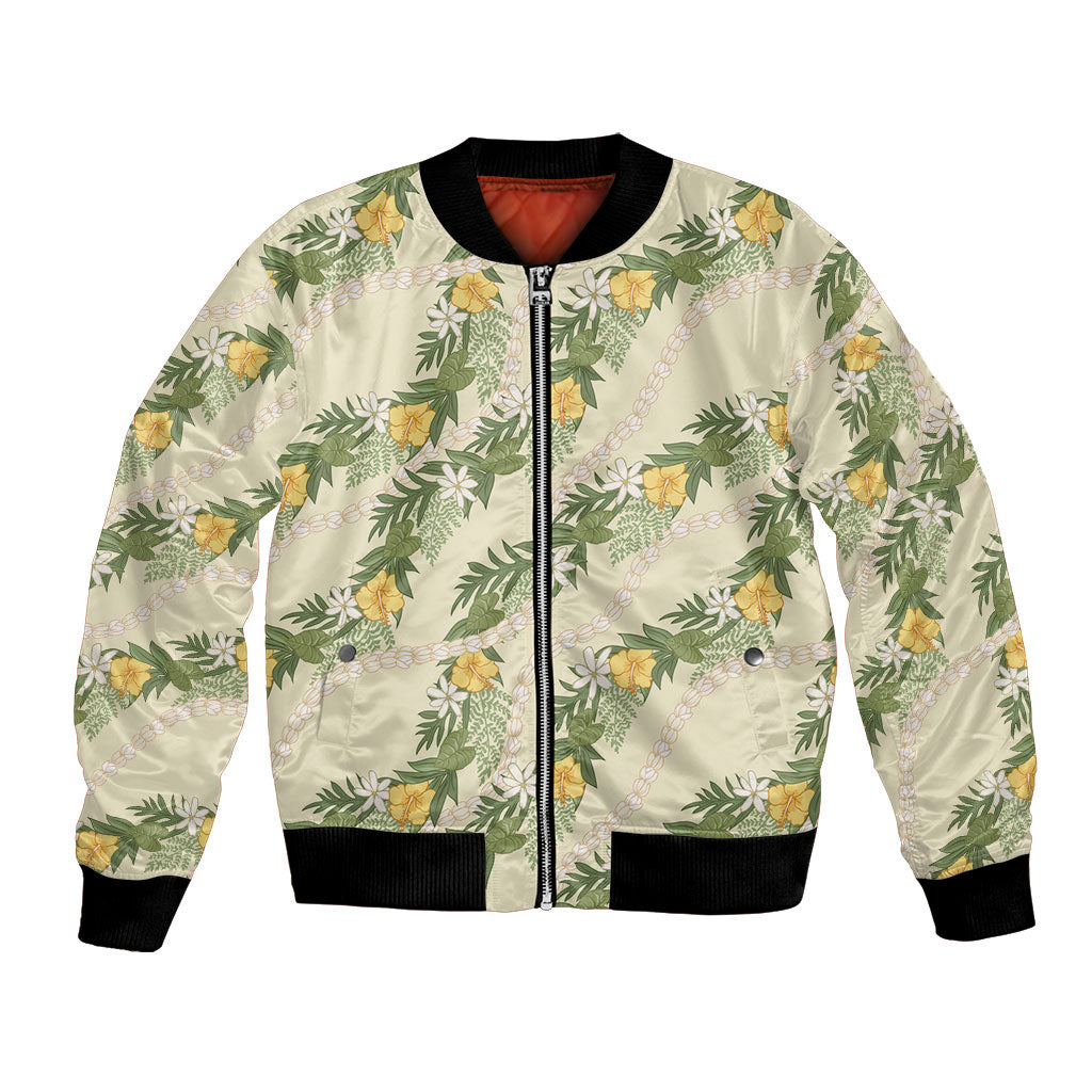 Hawaiian Pikake Maile Lei Bomber Jacket Tiare Hibiscus Kalo Palapalai Leaf Beige