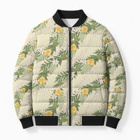 Hawaiian Pikake Maile Lei Bomber Puffer Jacket Tiare Hibiscus Kalo Palapalai Leaf Beige LT19 Unisex Beige - Polynesian Pride
