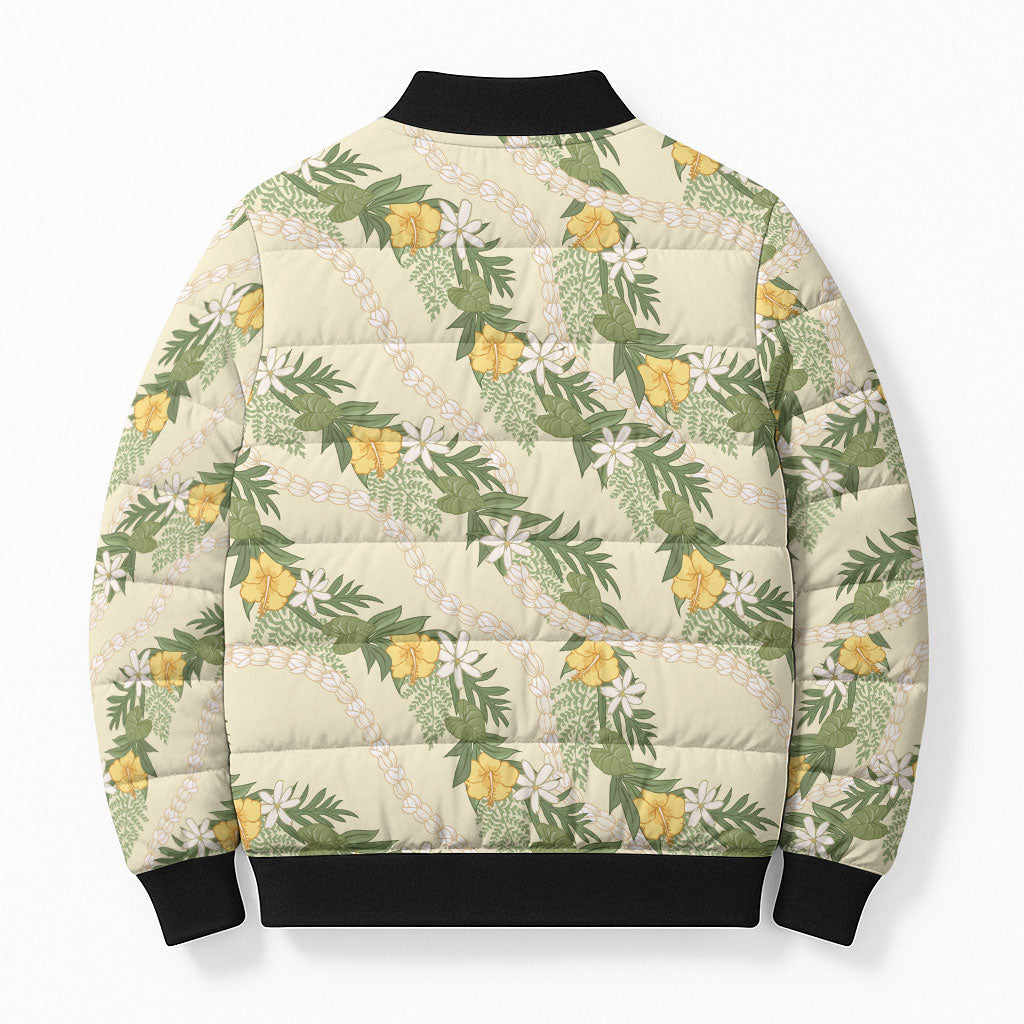 Hawaiian Pikake Maile Lei Bomber Puffer Jacket Tiare Hibiscus Kalo Palapalai Leaf Beige LT19 - Polynesian Pride