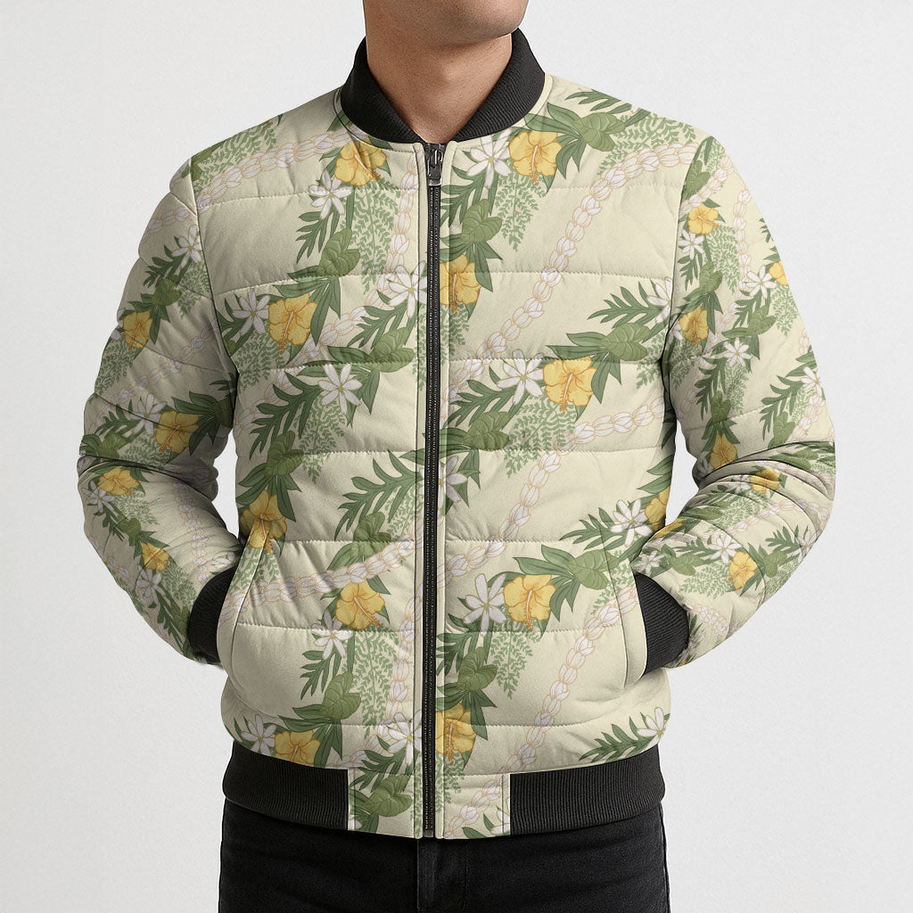 Hawaiian Pikake Maile Lei Bomber Puffer Jacket Tiare Hibiscus Kalo Palapalai Leaf Beige LT19 - Polynesian Pride