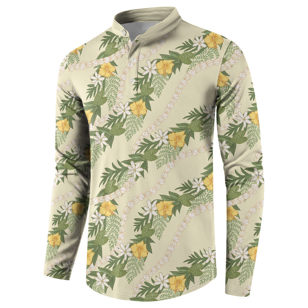 Hawaiian Pikake Maile Lei Button Sweatshirt Tiare Hibiscus Kalo Palapalai Leaf Beige LT19 - Polynesian Pride