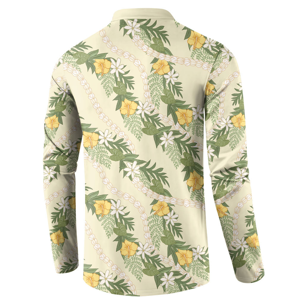 Hawaiian Pikake Maile Lei Button Sweatshirt Tiare Hibiscus Kalo Palapalai Leaf Beige LT19 - Polynesian Pride