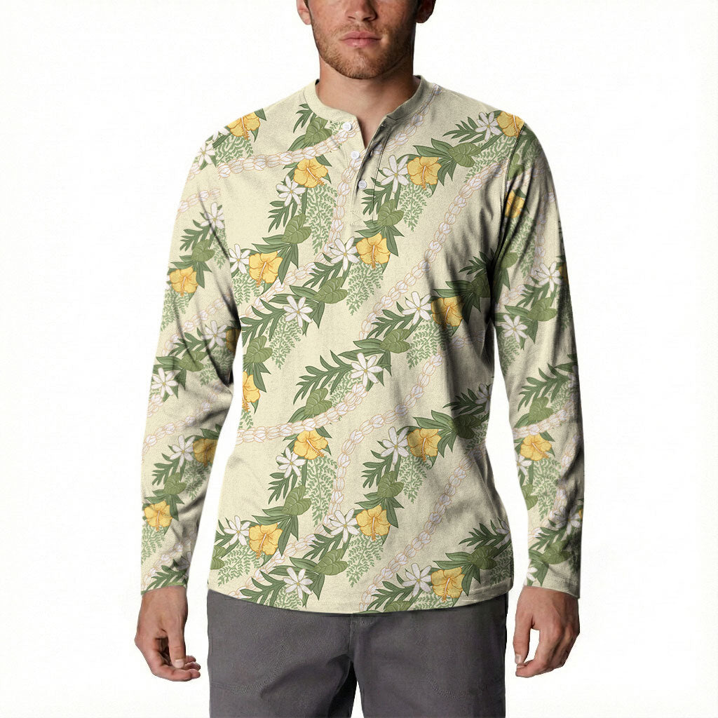Hawaiian Pikake Maile Lei Button Sweatshirt Tiare Hibiscus Kalo Palapalai Leaf Beige LT19 - Polynesian Pride