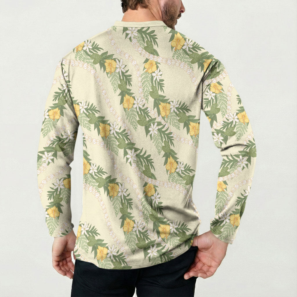 Hawaiian Pikake Maile Lei Button Sweatshirt Tiare Hibiscus Kalo Palapalai Leaf Beige LT19 - Polynesian Pride