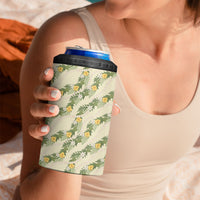 Hawaiian Pikake Maile Lei 4 in 1 Can Cooler Tumbler Tiare Hibiscus Kalo Palapalai Leaf Beige