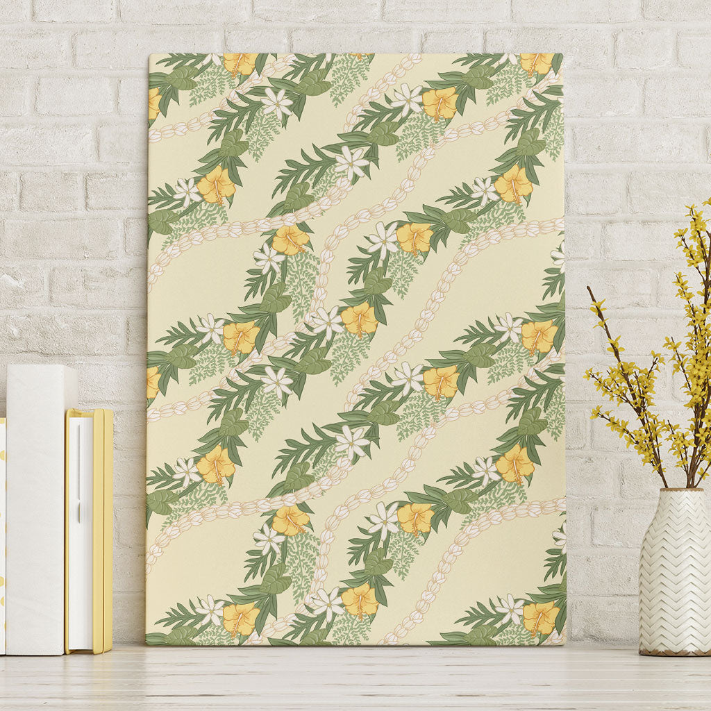 Hawaiian Pikake Maile Lei Canvas Wall Art Tiare Hibiscus Kalo Palapalai Leaf Beige LT19 Without Frame Beige - Polynesian Pride