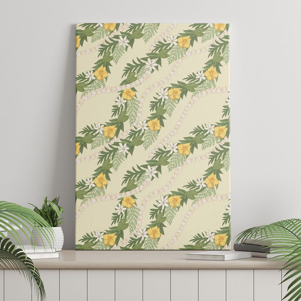Hawaiian Pikake Maile Lei Canvas Wall Art Tiare Hibiscus Kalo Palapalai Leaf Beige LT19 - Polynesian Pride
