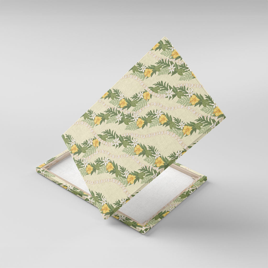 Hawaiian Pikake Maile Lei Canvas Wall Art Tiare Hibiscus Kalo Palapalai Leaf Beige LT19 With Frame Beige - Polynesian Pride