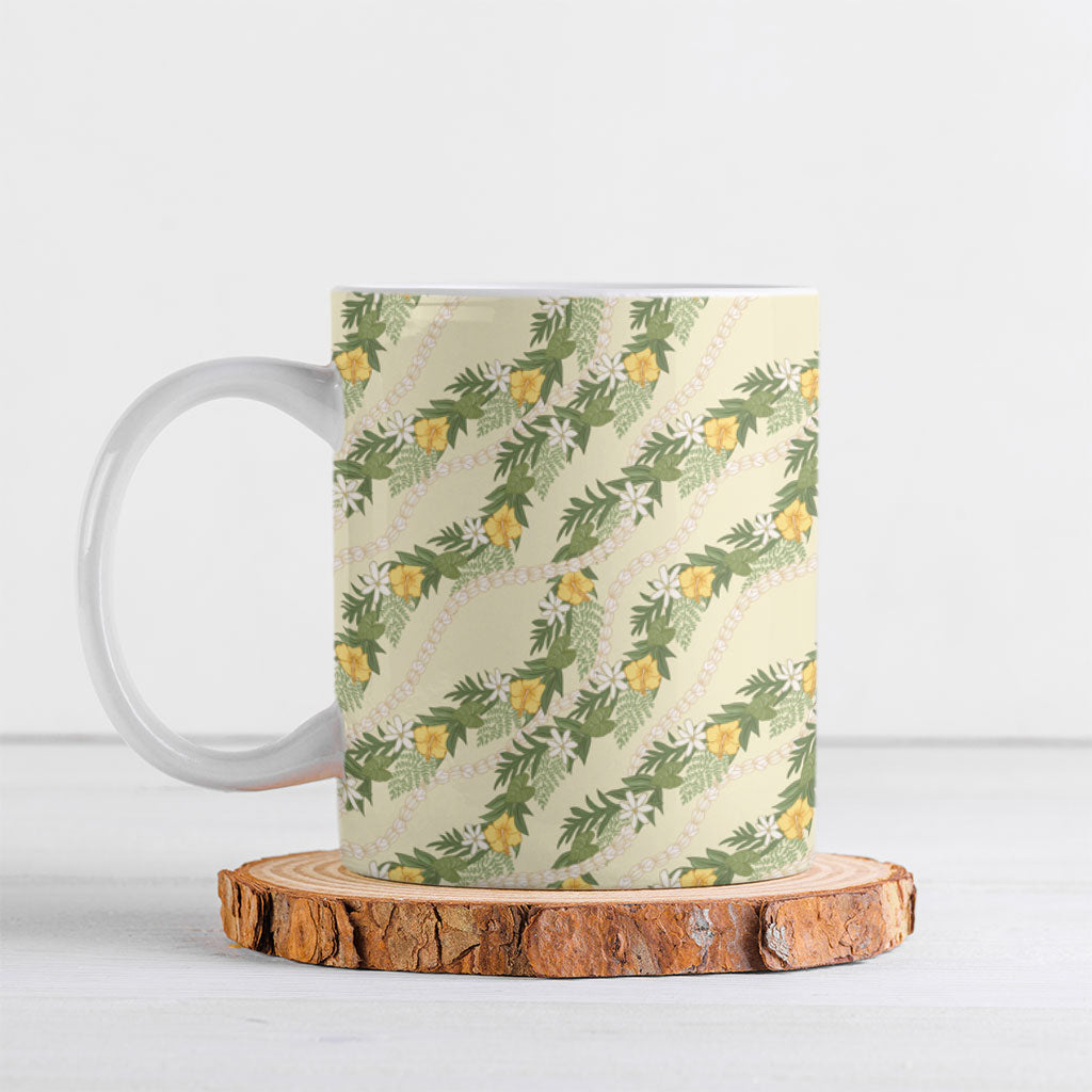 Hawaiian Pikake Maile Lei Ceramic Mug Tiare Hibiscus Kalo Palapalai Leaf Beige