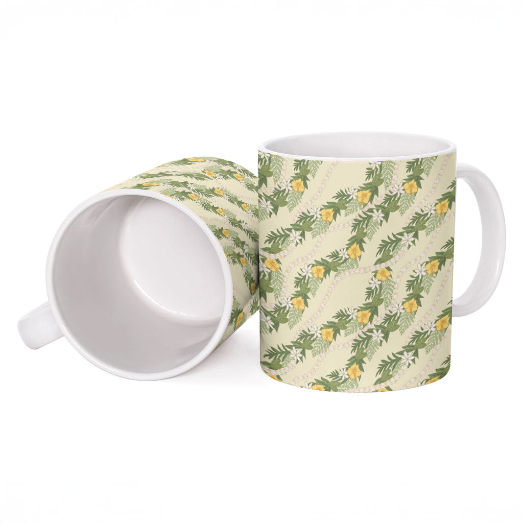 Hawaiian Pikake Maile Lei Ceramic Mug Tiare Hibiscus Kalo Palapalai Leaf Beige