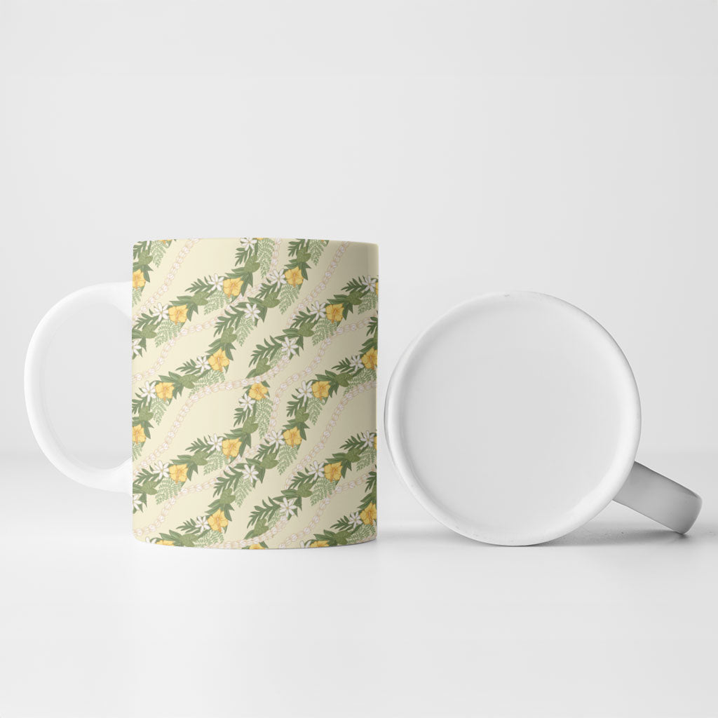 Hawaiian Pikake Maile Lei Ceramic Mug Tiare Hibiscus Kalo Palapalai Leaf Beige