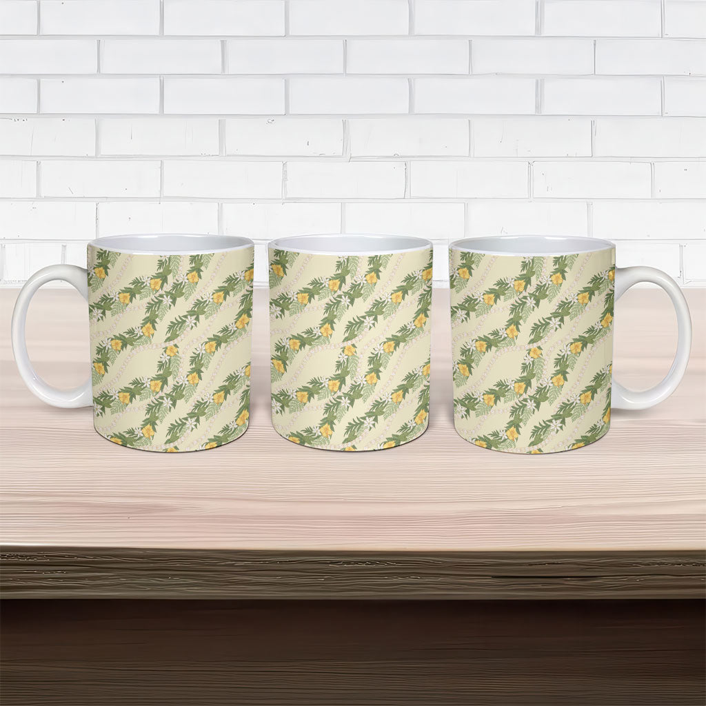 Hawaiian Pikake Maile Lei Ceramic Mug Tiare Hibiscus Kalo Palapalai Leaf Beige