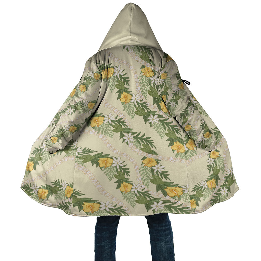 Hawaiian Pikake Maile Lei Cloak Tiare Hibiscus Kalo Palapalai Leaf Beige LT19 Unisex Beige - Polynesian Pride