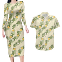 Hawaiian Pikake Maile Lei Couples Matching Long Sleeve Bodycon Dress and Hawaiian Shirt Tiare Hibiscus Kalo Palapalai Leaf Beige