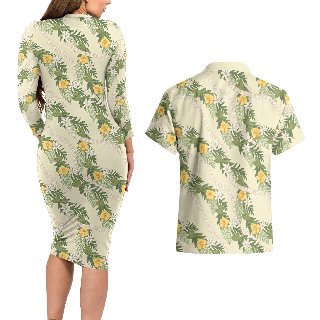 Hawaiian Pikake Maile Lei Couples Matching Long Sleeve Bodycon Dress and Hawaiian Shirt Tiare Hibiscus Kalo Palapalai Leaf Beige