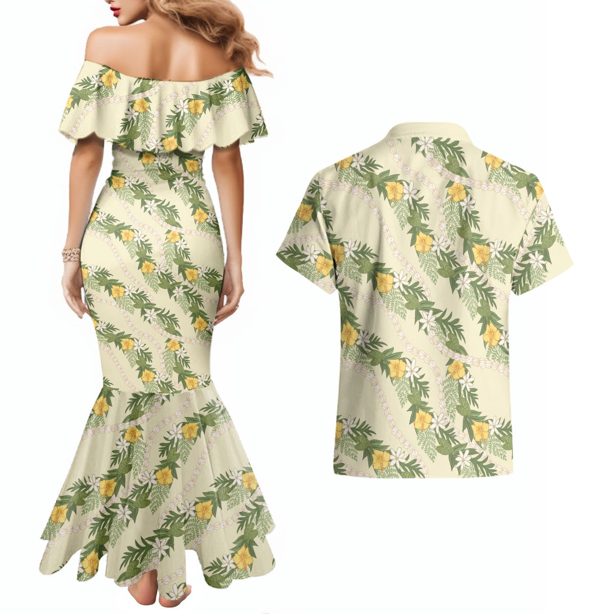 Hawaiian Pikake Maile Lei Couples Matching Mermaid Dress and Hawaiian Shirt Tiare Hibiscus Kalo Palapalai Leaf Beige