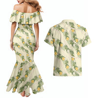 Hawaiian Pikake Maile Lei Couples Matching Mermaid Dress and Hawaiian Shirt Tiare Hibiscus Kalo Palapalai Leaf Beige