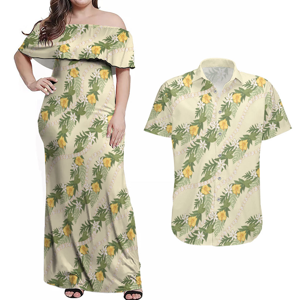 Hawaiian Pikake Maile Lei Couples Matching Off Shoulder Maxi Dress and Hawaiian Shirt Tiare Hibiscus Kalo Palapalai Leaf Beige LT19 Beige - Polynesian Pride