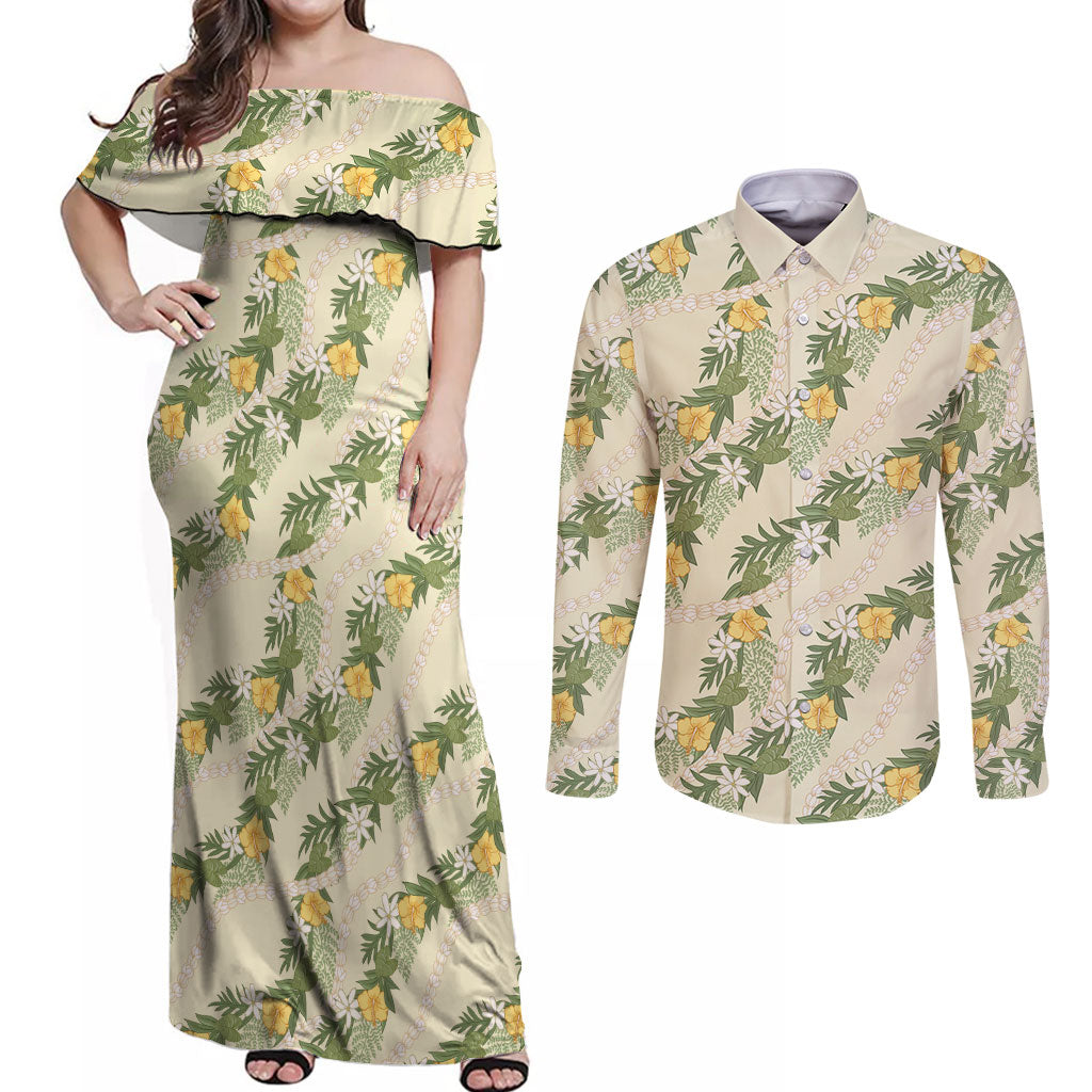 Hawaiian Pikake Maile Lei Couples Matching Off Shoulder Maxi Dress and Long Sleeve Button Shirt Tiare Hibiscus Kalo Palapalai Leaf Beige LT19 Beige - Polynesian Pride