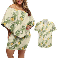 Hawaiian Pikake Maile Lei Couples Matching Off Shoulder Short Dress and Hawaiian Shirt Tiare Hibiscus Kalo Palapalai Leaf Beige