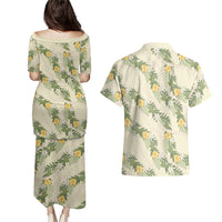 Hawaiian Pikake Maile Lei Couples Matching Puletasi and Hawaiian Shirt Tiare Hibiscus Kalo Palapalai Leaf Beige