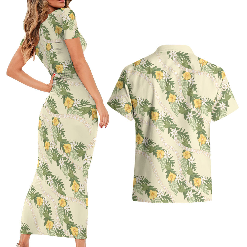 Hawaiian Pikake Maile Lei Couples Matching Short Sleeve Bodycon Dress and Hawaiian Shirt Tiare Hibiscus Kalo Palapalai Leaf Beige