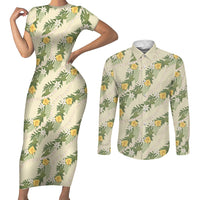 Hawaiian Pikake Maile Lei Couples Matching Short Sleeve Bodycon Dress and Long Sleeve Button Shirt Tiare Hibiscus Kalo Palapalai Leaf Beige