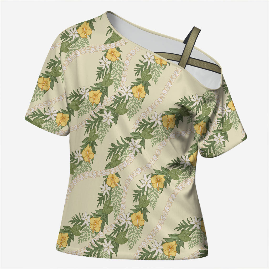 Hawaiian Pikake Maile Lei Cross Shoulder Shirt Tiare Hibiscus Kalo Palapalai Leaf Beige LT19 Female Beige - Polynesian Pride