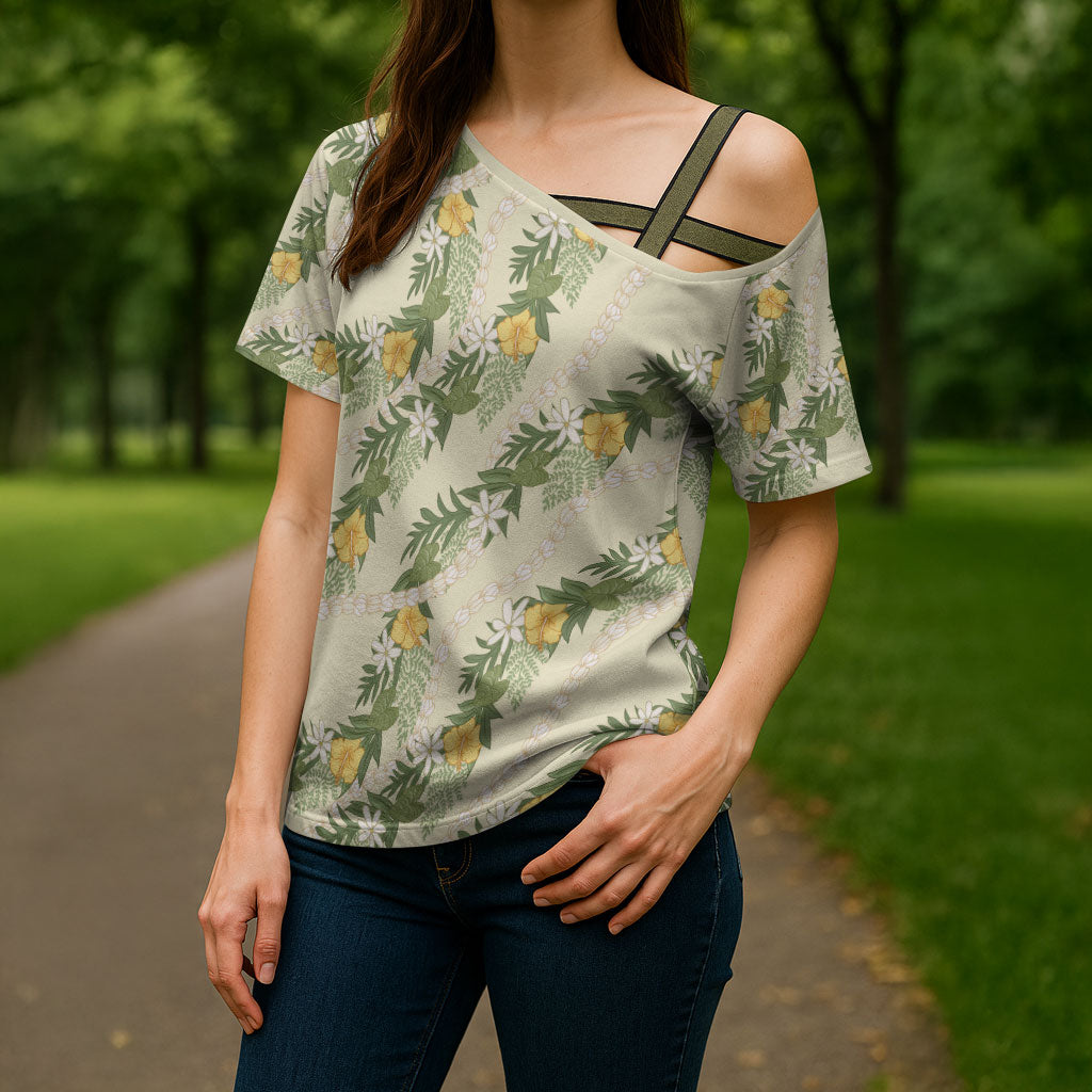 Hawaiian Pikake Maile Lei Cross Shoulder Shirt Tiare Hibiscus Kalo Palapalai Leaf Beige