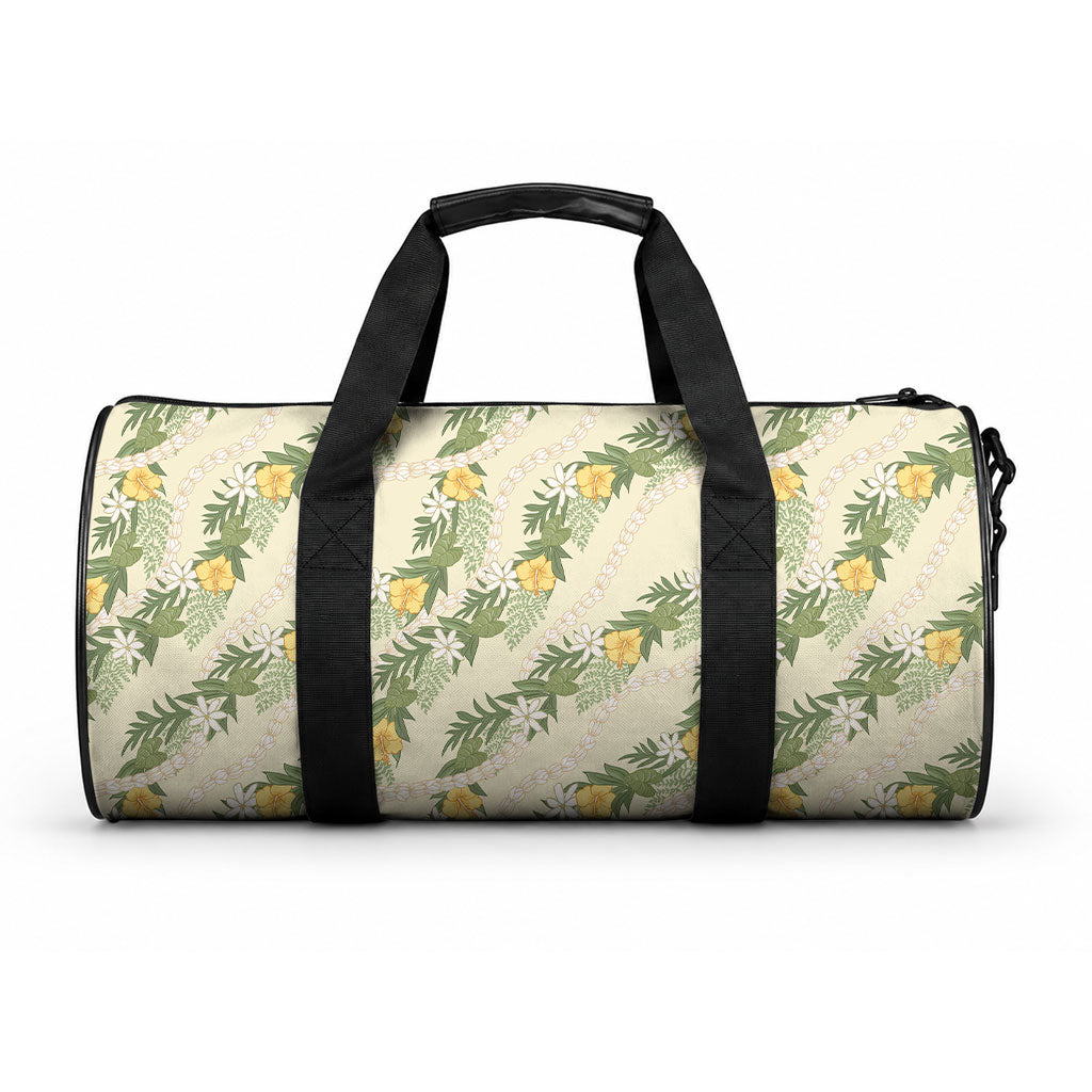 Hawaiian Pikake Maile Lei Duffle Bag Tiare Hibiscus Kalo Palapalai Leaf Beige LT19 One size Beige - Polynesian Pride