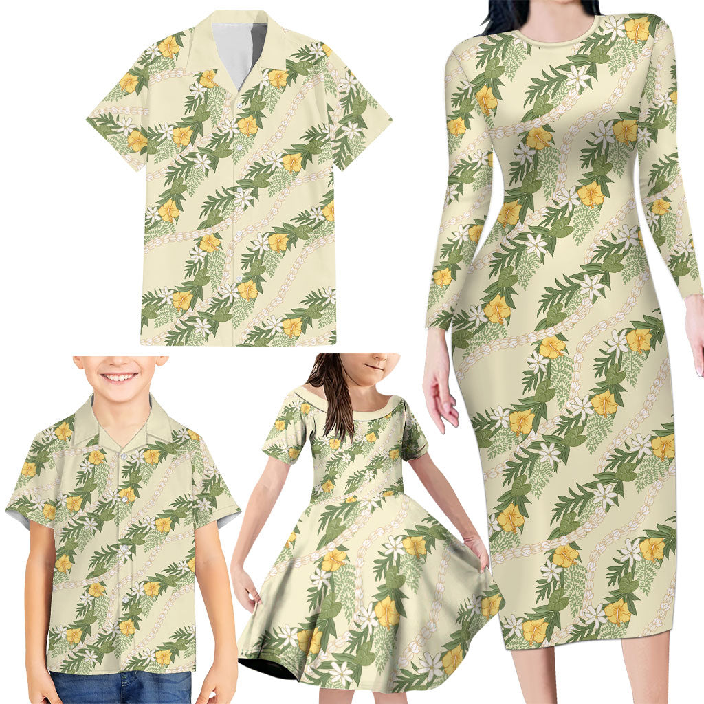 Hawaiian Pikake Maile Lei Family Matching Long Sleeve Bodycon Dress and Hawaiian Shirt Tiare Hibiscus Kalo Palapalai Leaf Beige LT19 - Polynesian Pride