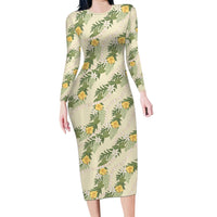 Hawaiian Pikake Maile Lei Family Matching Long Sleeve Bodycon Dress and Hawaiian Shirt Tiare Hibiscus Kalo Palapalai Leaf Beige