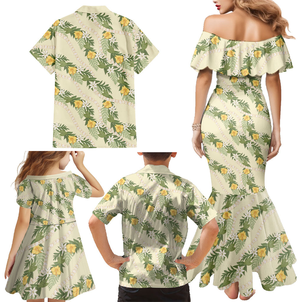 Hawaiian Pikake Maile Lei Family Matching Mermaid Dress and Hawaiian Shirt Tiare Hibiscus Kalo Palapalai Leaf Beige
