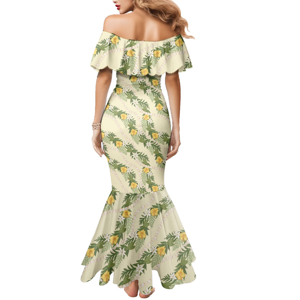 Hawaiian Pikake Maile Lei Family Matching Mermaid Dress and Hawaiian Shirt Tiare Hibiscus Kalo Palapalai Leaf Beige