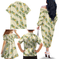 Hawaiian Pikake Maile Lei Family Matching Off The Shoulder Long Sleeve Dress and Hawaiian Shirt Tiare Hibiscus Kalo Palapalai Leaf Beige