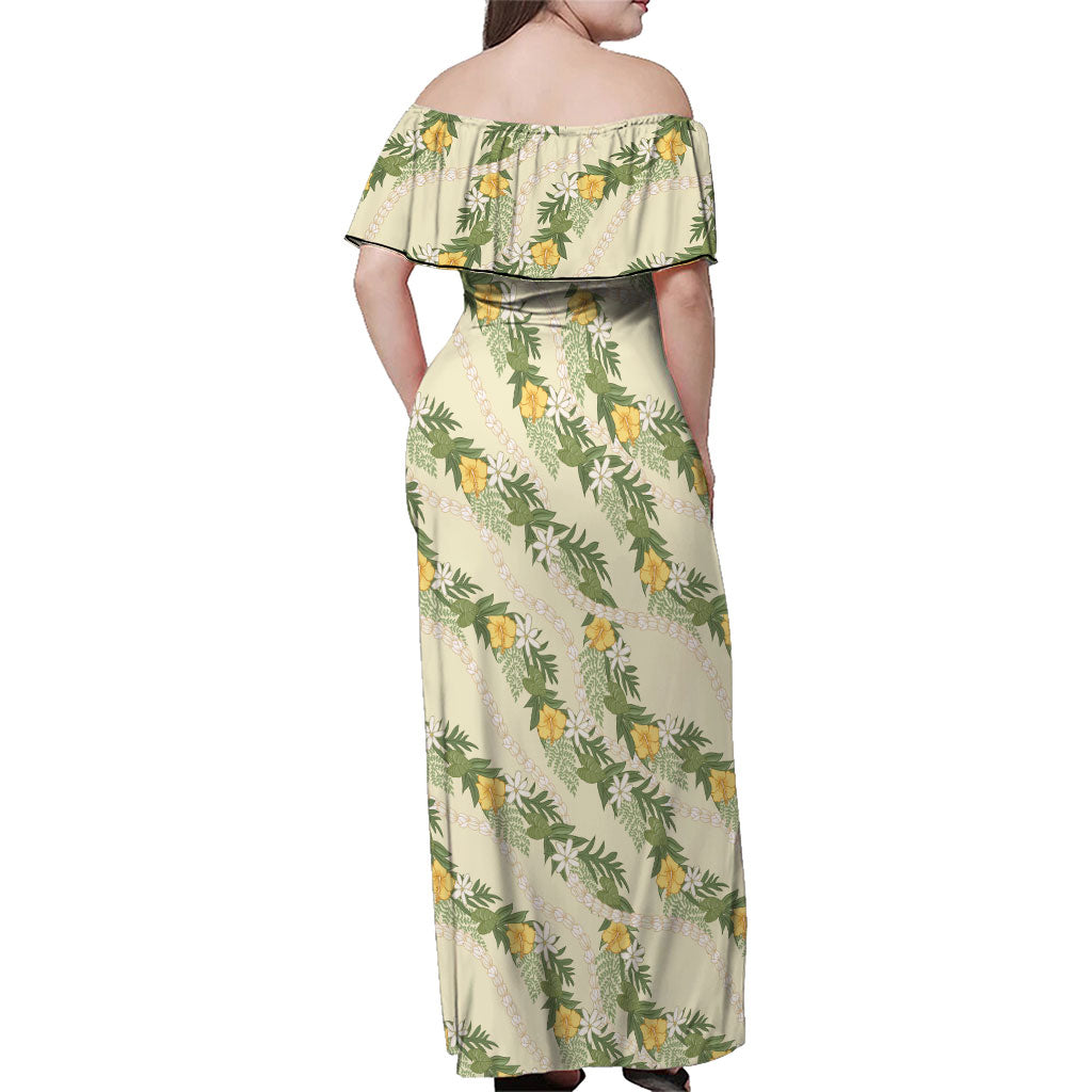 Hawaiian Pikake Maile Lei Family Matching Off Shoulder Maxi Dress and Hawaiian Shirt Tiare Hibiscus Kalo Palapalai Leaf Beige