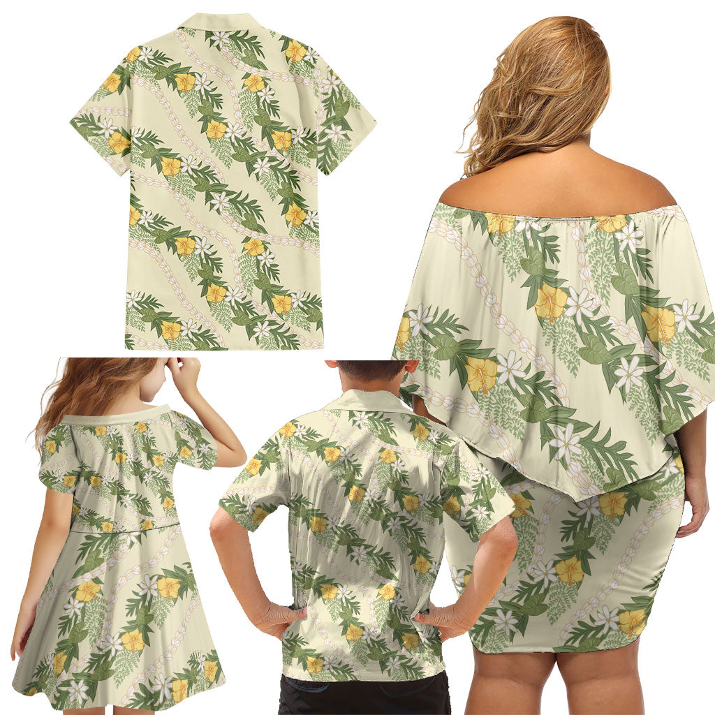 Hawaiian Pikake Maile Lei Family Matching Off Shoulder Short Dress and Hawaiian Shirt Tiare Hibiscus Kalo Palapalai Leaf Beige
