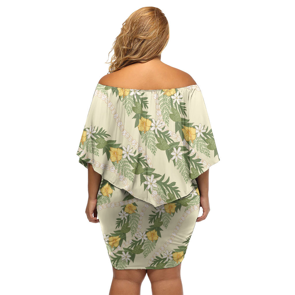 Hawaiian Pikake Maile Lei Family Matching Off Shoulder Short Dress and Hawaiian Shirt Tiare Hibiscus Kalo Palapalai Leaf Beige