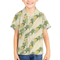 Hawaiian Pikake Maile Lei Family Matching Puletasi and Hawaiian Shirt Tiare Hibiscus Kalo Palapalai Leaf Beige